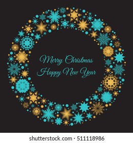 Merry Christmas and Happy New Year card with blue and gold snowflakes on black background. Vector illustration for postcard background.