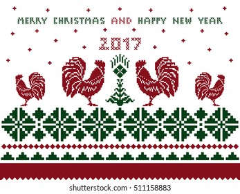 Merry Christmas and Happy New Year card with pattern cross stitch on white background  - vector illustration