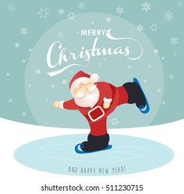 Merry Christmas and Happy New Year greeting card with ice skating Santa on lake. 