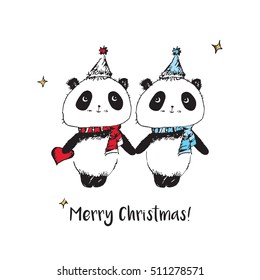 Merry Christmas. Happy New Year 2017. Christmas greeting card with cute pandas. Hand drawn pandas for your design. Doodles, sketch. Vector.