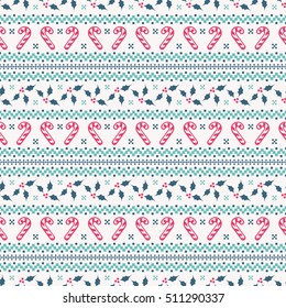 Merry Christmas and Happy New Year! Cute seamless background with candy cane and holly. Knitted patterns in white, blue and pink colors. Vector illustration.