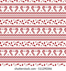 Merry Christmas and Happy New Year! Cute seamless background with candy cane and holly. Knitted patterns in red and white colors. Vector illustration.