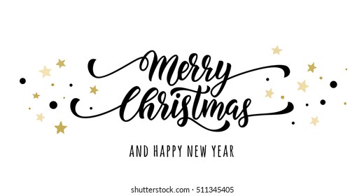 Merry Christmas and Happy New Year lettering on glitter gold star ornaments background. Vector Holiday decoration Xmas lettering for greetings card background