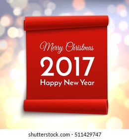 Merry Christmas and Happy New Year 2017. Holiday Vector bokeh background with red paper scroll.