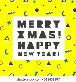 Merry Christmas. Happy New Year card in retro 80s-90s style. Memphis trendy art. Vector illustration.