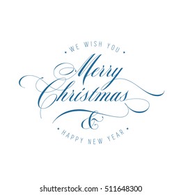 Merry Christmas and Happy New Year lettering template. Monochrome greeting card or invitation. Winter holidays related typographic quote. Vector vintage illustration.