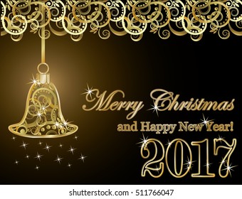 Merry Christmas and happy new year 2017 golden card, vector illustration