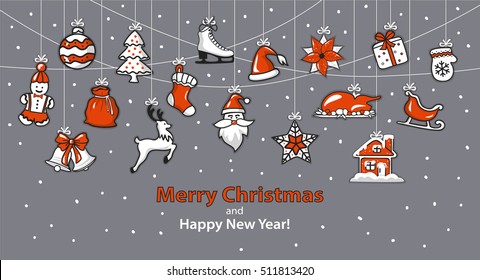 Merry Christmas and Happy New Year seasonal winter hanging rope garlands with decoration items objects elements design set collection in red white and black colors on grey background. hanging garland