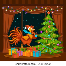 Merry Christmas and Happy New Year 2017 winter card background with cute funny Rooster standing on presents holding ball decorating xmas tree