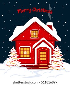 Merry Christmas and Happy New Year seasonal winter card template with red xmas house in snow at night