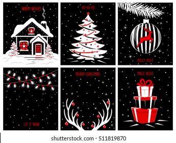 Merry Christmas and Happy New Year background posters, greeting cards templates with night evening scenes of christmas house, garland lights, presents, deer antlers, decorated tree and pine branch