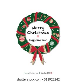 Merry Christmas and Happy New Year text in the middle of green Christmas wreath with decorative elements