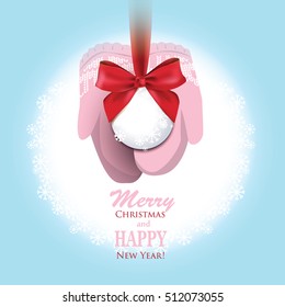 Merry Christmas and Happy New Year! Knitted mitten, snowball, bow, cold. Vector illustration.