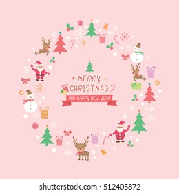 Merry christmas and happy new year ornaments decoration into wreath.Illustration vector pink background colors.