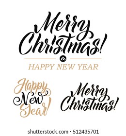 Merry Christmas AND Happy New Year Calligraphy Set. Greeting Card Design Set on White Background. Vector Illustration
