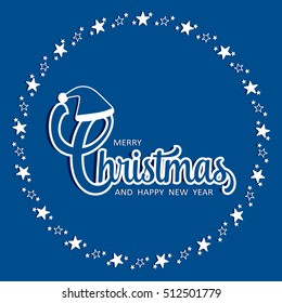 Merry Christmas and Happy New Year lettering and circle stars on blue color vector.