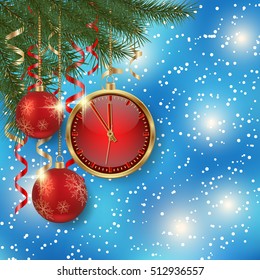 Merry Christmas and Happy New Year blue vector background with fir branches, luxury balls and clock