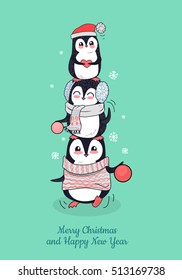 Merry Christmas and Happy New Year poster. Happy winter friends. Three little penguins in winter clothes. Winter landscape with cartoon characters. Funny creatures in flat style design. Vector