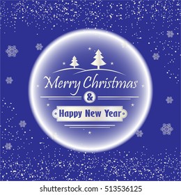 Merry Christmas and Happy New Year with white snowflakes. Holiday blue background. Decorative design for card, banner, greeting, vintage decoration. Symbol of celebration, holiday. Vector illustration