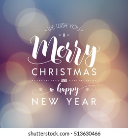 Merry Christmas and Happy New Year greeting card. Modern calligraphy lettering. Typographic vector design, beautiful bokeh background, blurred festive lights.