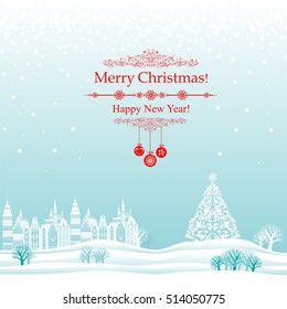 Merry Christmas and Happy New Year greeting card. Celebration background with Christmas Landscape, Christmas balls, Christmas tree and place for your text. Vector Illustration