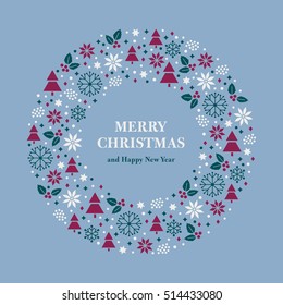 Merry Christmas and Happy New Year greeting card. Merry Christmas wreath consisting of flat Icons. Vector