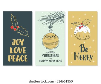 Merry Christmas and Happy New Year cards. Hand draw vector illustration