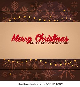Merry Christmas and Happy New Year wood background with snowflakes. Vector illustration