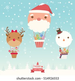 Merry christmas and happy new year card with cute balloon of santa claus, reindeer and snowman on snow background.Illustration vector