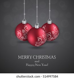 Merry Christmas and a happy new year. Three red balls on a dark grey background. Vector illustration.