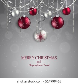 Merry Christmas and a happy new year. Hanging red and silver beads balls and ribbon on a light gray background. Vector illustration.