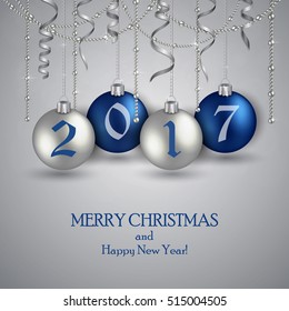 Merry Christmas and a happy new year. Hanging blue and silver balls with numbers 2017, beads and ribbons on a light gray background. Vector illustration.