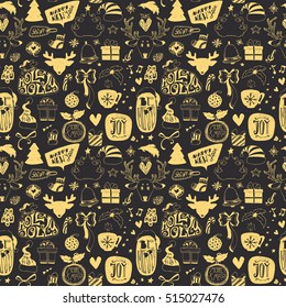 Merry Christmas and Happy New Year doodle set: Xmas lettering, deer, snow, cap, ... Hand drawn vector illustration, sketched collection. Retro Seamless pattern, endless repeatable background.