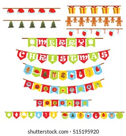Merry Christmas and Happy New Year Holiday Decorations Set in Flat Style Isolated on White Background, Vector Illustration. Festive Garland, Flags with  Christmas Icons Collection