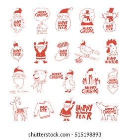 Merry Christmas and Happy New Year. Xmas Poster, banner, printed matter, greeting card. Lettering, calligraphy. Hand-drawn, lino-cut. Flat design vector illustration.