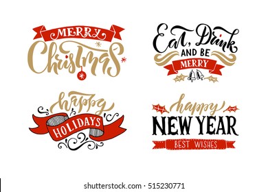 Merry Christmas & Happy New Year, Happy holidays greeting card. Lettering celebration logo. Typography for winter holidays. Calligraphic poster on textured background.Postcard motive