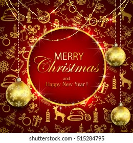 Merry Christmas and Happy New Year on red background with golden Christmas decoration and holiday baubles, illustration.