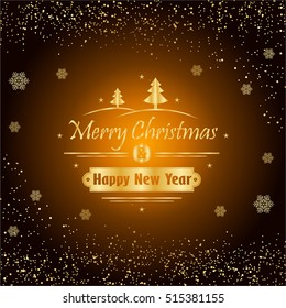 Merry Christmas and Happy New Year with gold snowflakes. Holiday background. Decorative design for card, banner, greeting, vintage decoration. Symbol of celebration, holiday. Vector illustration