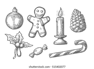 Merry Christmas and Happy New Year set. Isolated on white background. Vector vintage black engraving illustration.