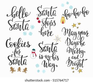 Merry Christmas Happy New Year simple lettering set. Calligraphy postcard or poster graphic design element. Hand written sign. Photo overlay Winter Holidays vector. Hello Santa Bright Days on the way