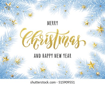 Merry Christmas, Happy New Year greeting card, poster template of pine and fir christmas tree branches frost, golden stars, bauble balls, ornament decorations. Calligraphy lettering text