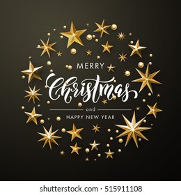 Merry Christmas, Happy New Year greeting card of gold glitter stars. Vector wreath of stars of golden foil glittering gilding. Round Christmas ornament decorations. Vector calligraphy lettering