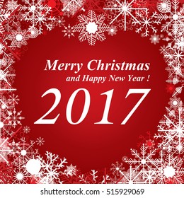 Merry Christmas and Happy New Year with white and red snow on red background.