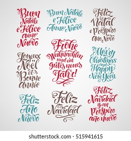 Merry Christmas and Happy New Year lettering set in different languages: Portuguese, Italian, Spanish, French, German, English. Holidays vintage calligraphy for invitation, greeting card, prints