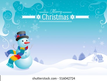 Merry Christmas and Happy New year flayer frame. Holiday vector illustration, winter scene landscape, cold sunny weather, cute cartoon snowman in hat and scarf