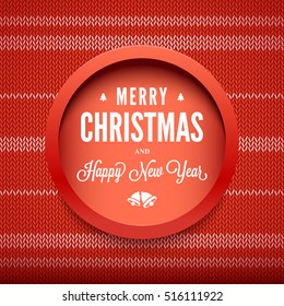 Merry Christmas and Happy New Year message on vector knitted pattern. Christmas related ornaments objects on color background. Ready for your design, website, advertising. Vector Illustration.