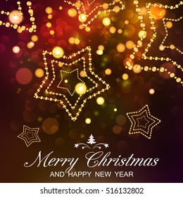 Merry Christmas and Happy New Year card. Vector bokeh background, festive defocused lights.