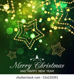 Merry Christmas and Happy New Year card. Vector bokeh background, festive defocused lights.