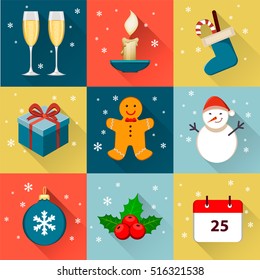 Merry Christmas and Happy New Year. Set of flat vector icons. Colored Illustration. EPS10
