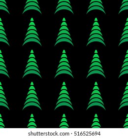 Merry Christmas and Happy New Year. abstract green Christmas tree stand in a row. black background. seamless pattern.